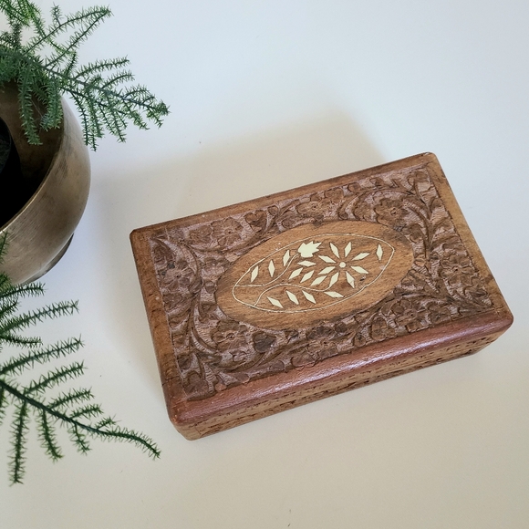 Other - Hand carved vintage wooden jewelry box with floral inlay.